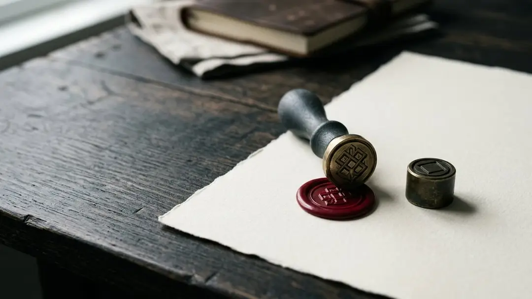 Wax seal stamp and brass company seal on cream paper on a dark desk