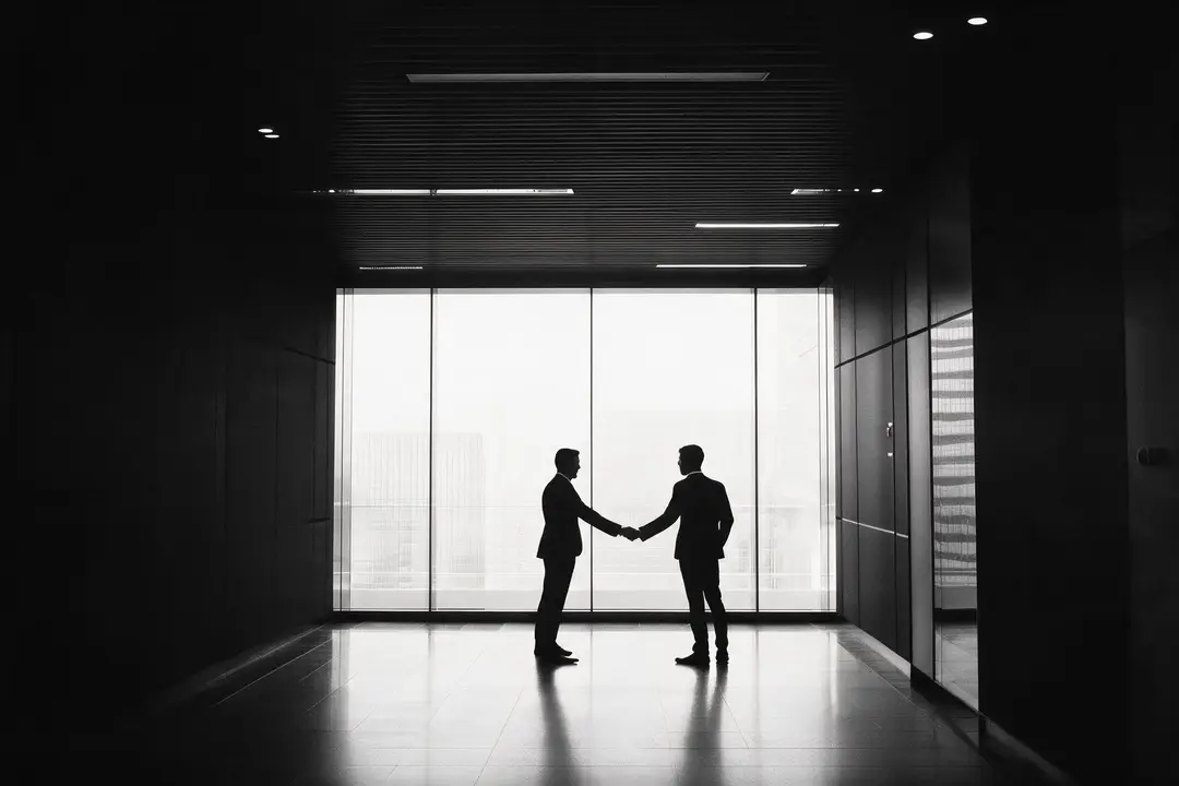 Businessmen shaking hands in a modern office, symbolizing financial services.