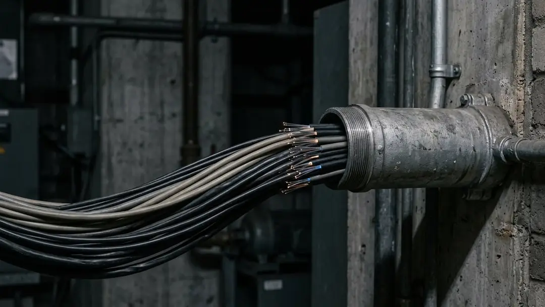 Bundled fibre optic cables entering a steel conduit in a dark industrial setting
