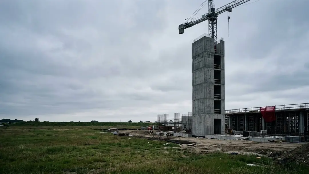 Concrete building core rising beside an untouched grassy lot with a tower crane