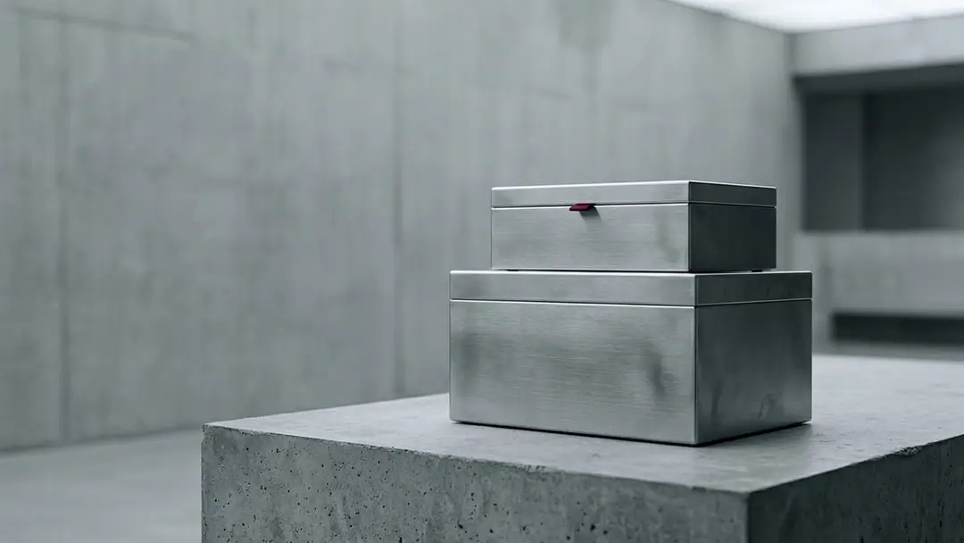 Two brushed steel boxes stacked on a concrete plinth