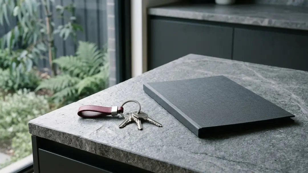 New house keys on a stone kitchen bench beside a closed folder