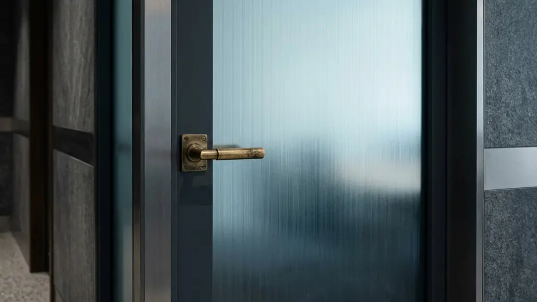 Frosted glass meeting room door with a brass handle and cool light behind