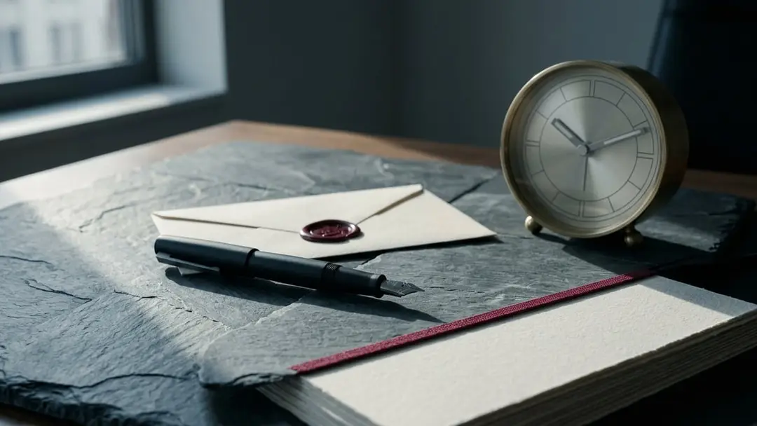 Sealed envelope, fountain pen and brass desk clock on a slate desk