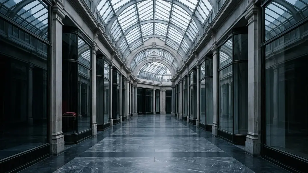 Empty shopping arcade at dawn with closed glass shopfronts under a vaulted skylight