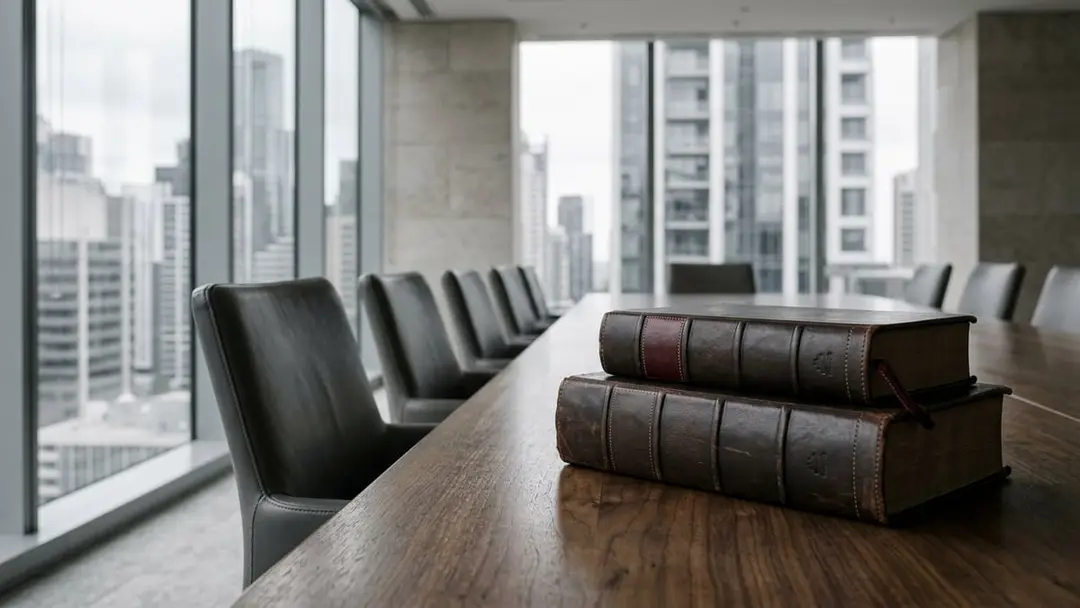 Two leather-bound volumes on a walnut boardroom table with empty chairs behind
