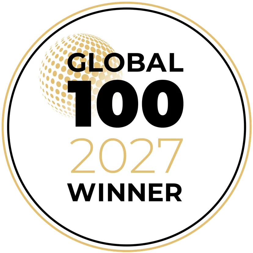 Global 100 2027 Winner award logo with a golden globe graphic.