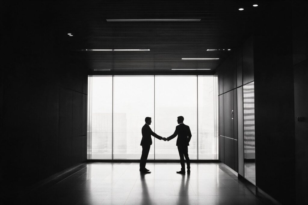 Businessmen shaking hands in a modern office, symbolizing financial services.